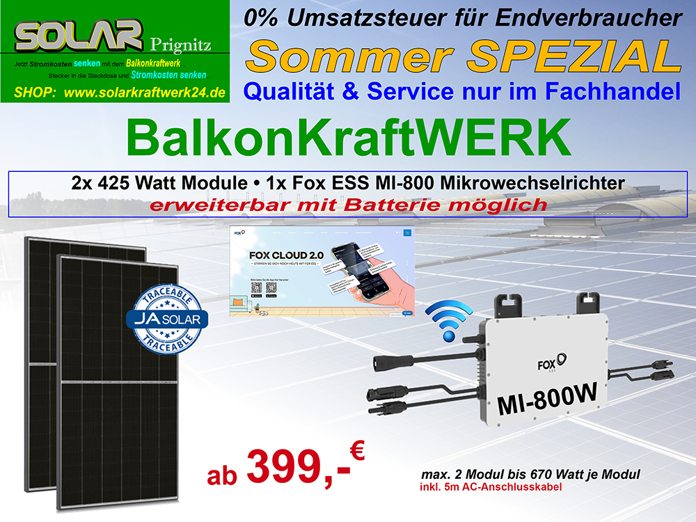 BalkonSpeicherKraftWERK FOX MI-800 Watt mit optionalen 1 kWh Stromspeicher (max. 5 kWh)