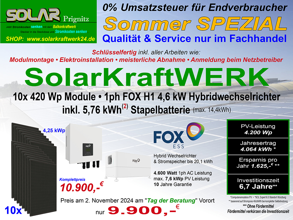 SolarKraftWERK mit 4,5 kWp (10x 450W Moduken) & FOX H1-4,6 Hybridwechselrichter inkl.5,86 kWh Speicher kompl. Schlüsselfertig