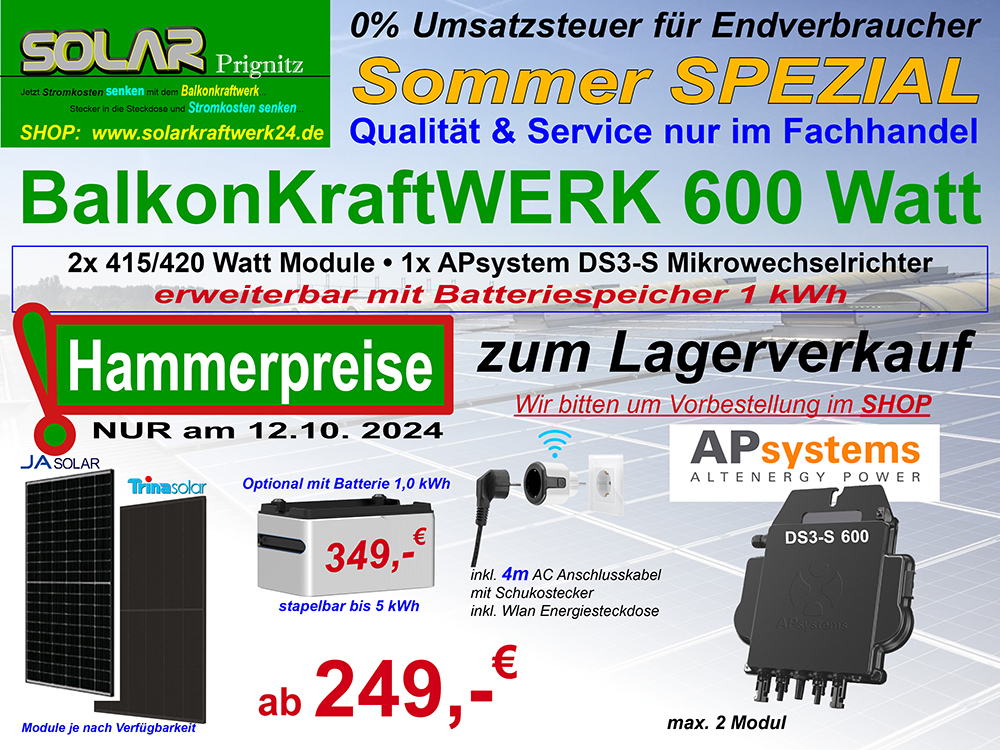 BalkonSpeicherKraftWERK 810/820 Watt mit Hoymiles HM-600 optional 1 kW ASE-1000 Stromspeicher