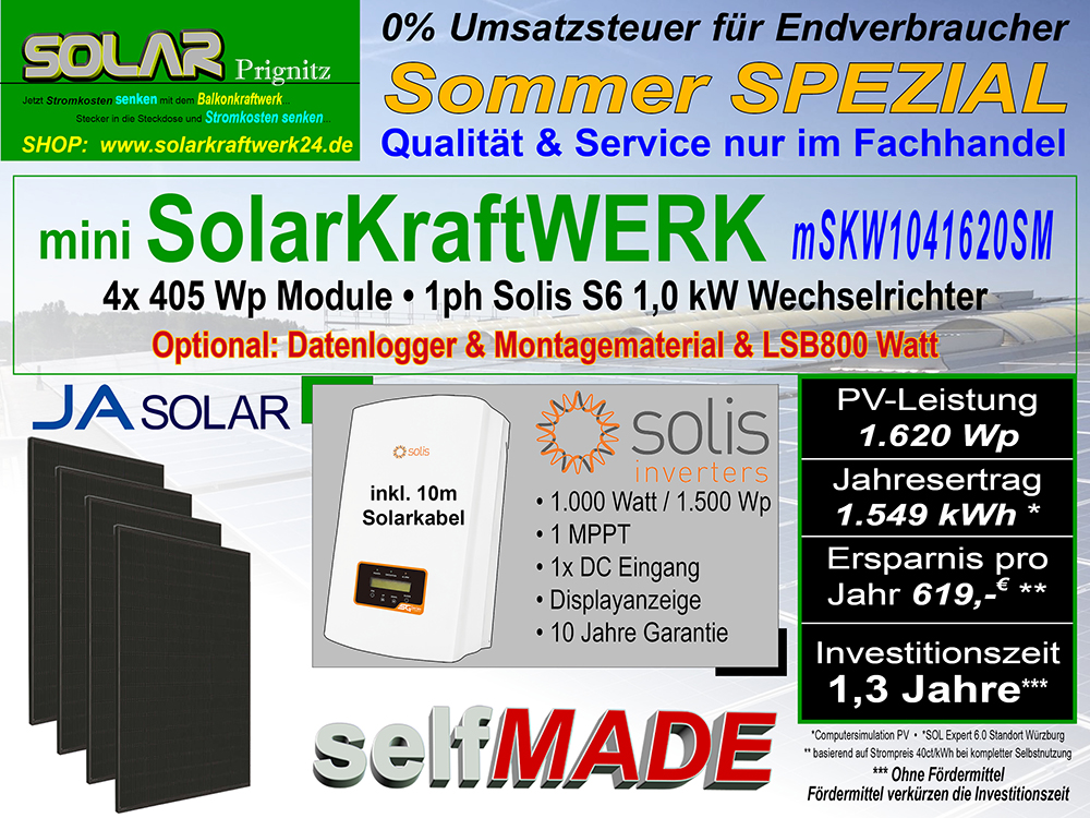 Sommer SPEZIAL mini SolarkraftWERM mSKW1041620SM mit Solis 1,0 kW & & 4x Modul 405 Wp ALL BLACK mit 600 / 800 Wattbegrenzung